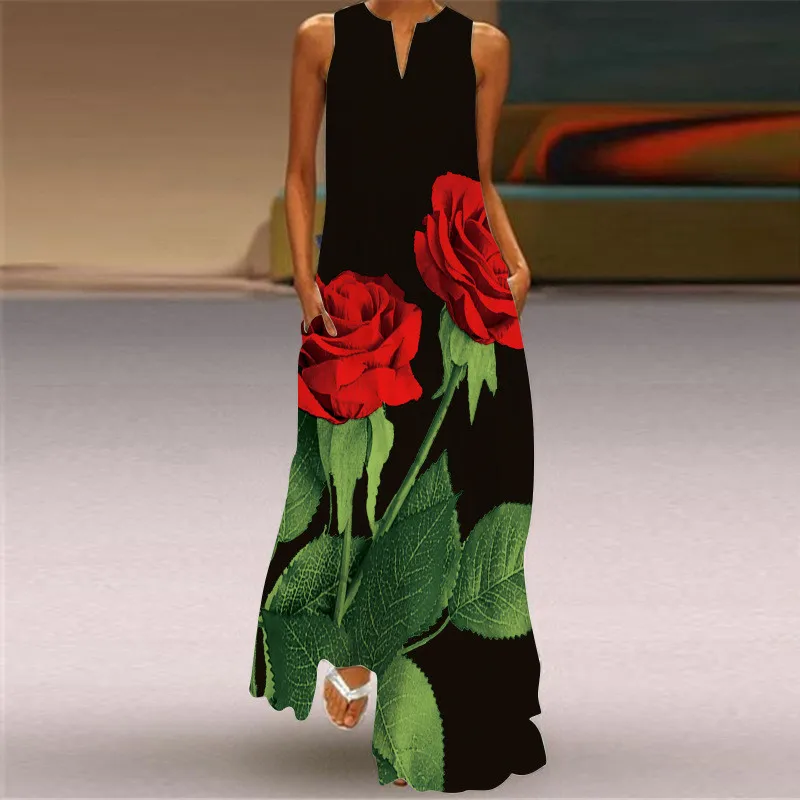 Summer Rose Clothing - Длинное платье с принтом красной розы