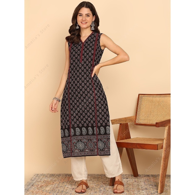 Summer Clothing India - Женская черно-зеленая хлопковая туника Kurta в